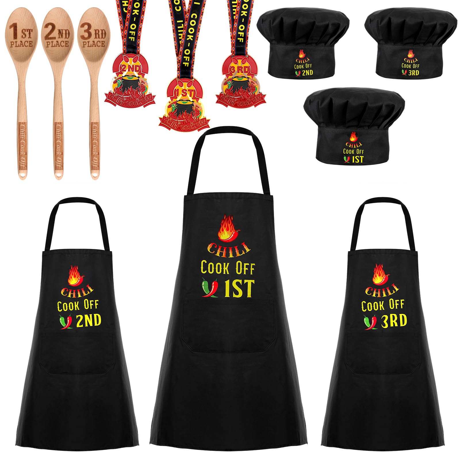 Toulite 12 Pcs Chili Cook off Prizes Chili Cook off Decorations Include 3 1st 2nd 3rd Trophies Kitchen Cooking Aprons Chef Hat Engraved Spoon for Men Women Award Ceremony