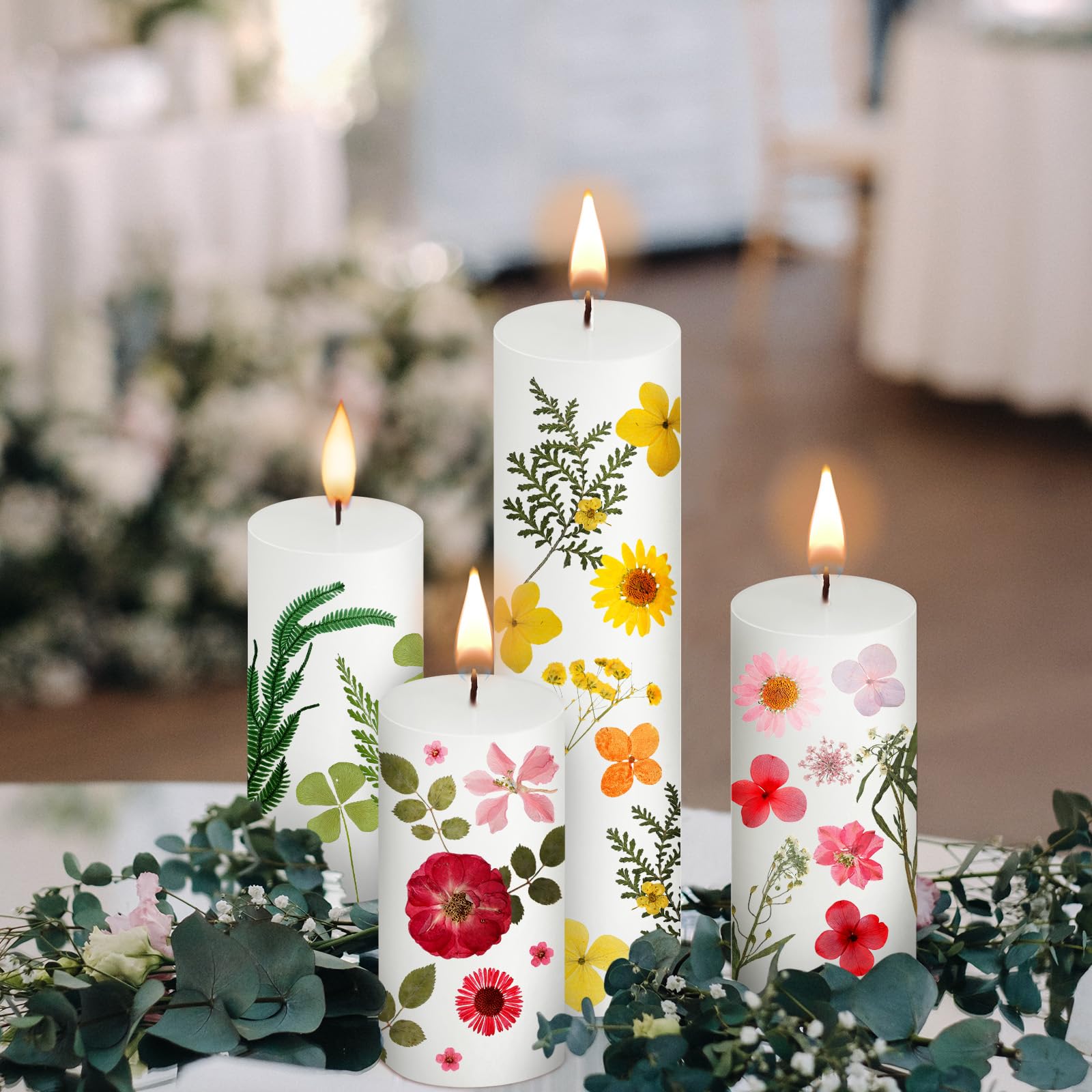 MTLEE 24 Pack Dried Pressed Flower Candle Painting Kit 6 White Pillar 6 Dried Pressed Flower 10 Tealight Candle with Tweezer Brush for Girls Night Birthday Wedding Party DIY Crafts Decor(4/6/8 Inch)