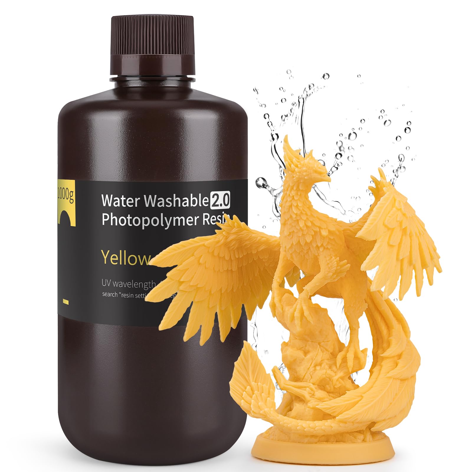 ELEGOO Resina Lavabile in acqua Potenziata 2.0, Resina 3D a 405 nm a Polimerizzazione UV con Basso Restringimento e Maggiore Precisione per Stampante LCD 3D, Giallo 1000G