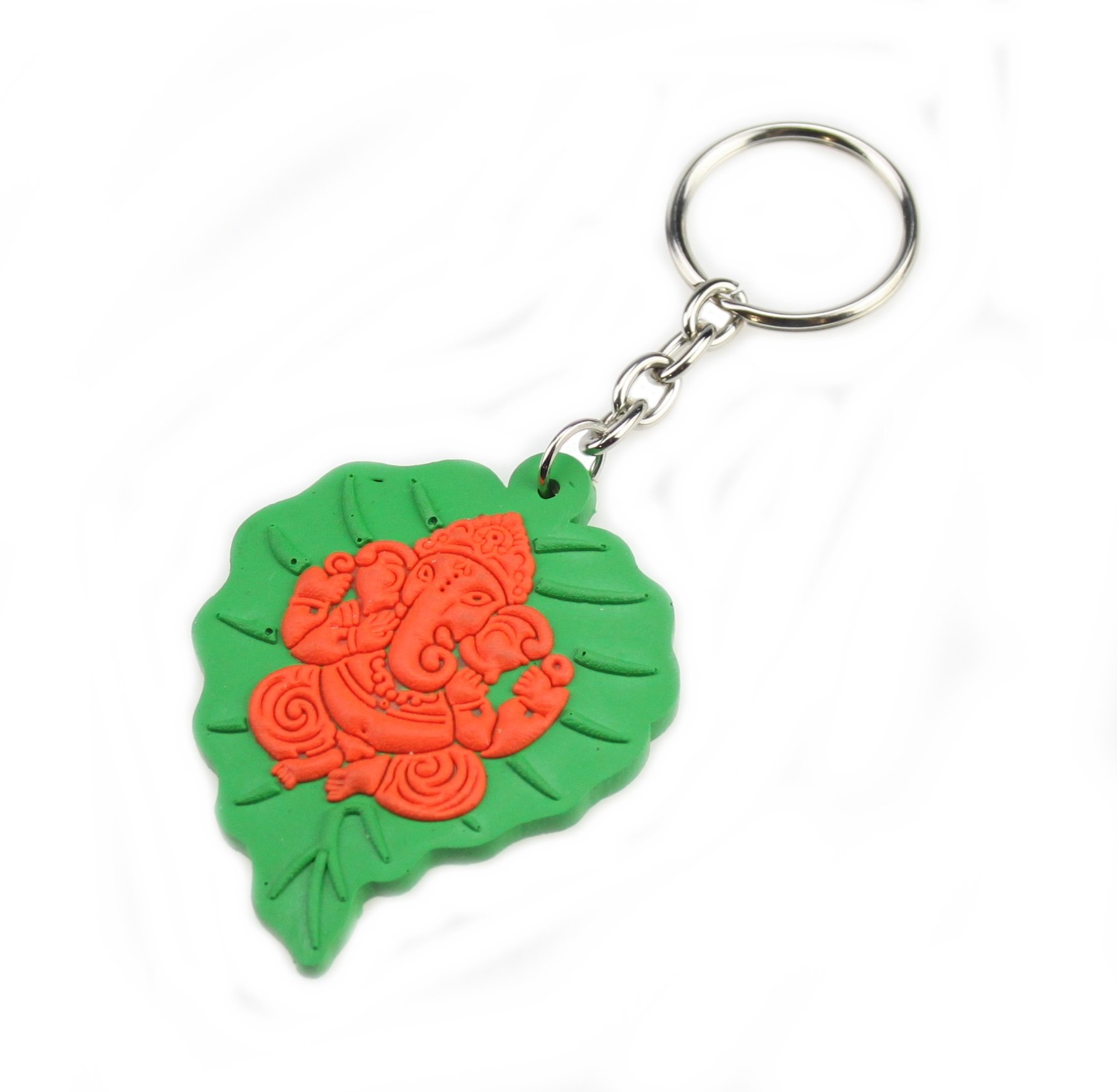 Indiabazaar Ganesh Keyring Ganapati Ganesha Keychain on Leaf Hindu Elephant God Keyring Orange Ganesh On Left Bag Charm Gift