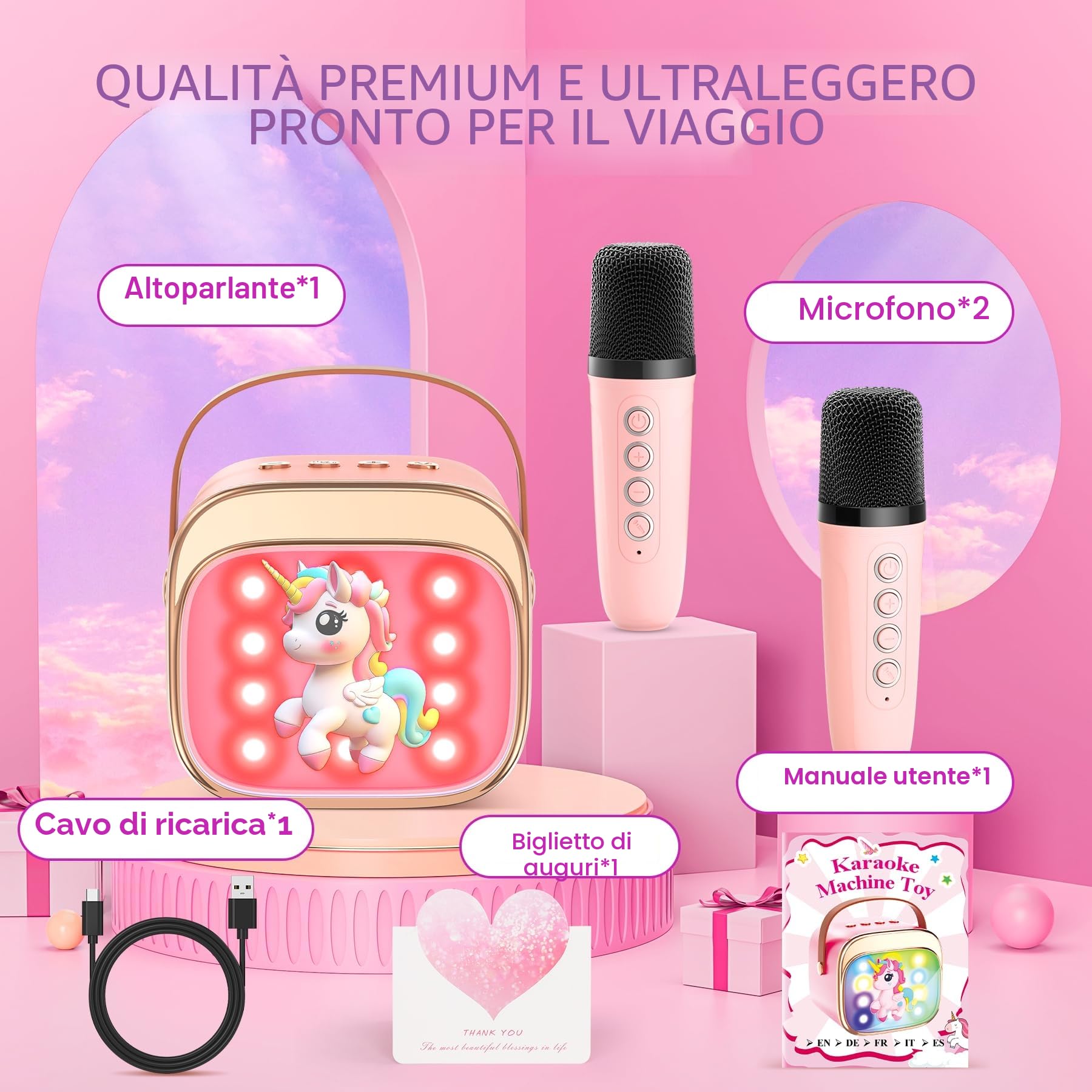 Karaoke con 2 Microfoni Bambini Macchina Musicale LED Regalo Bambine 3-12 Anni Unicorno
