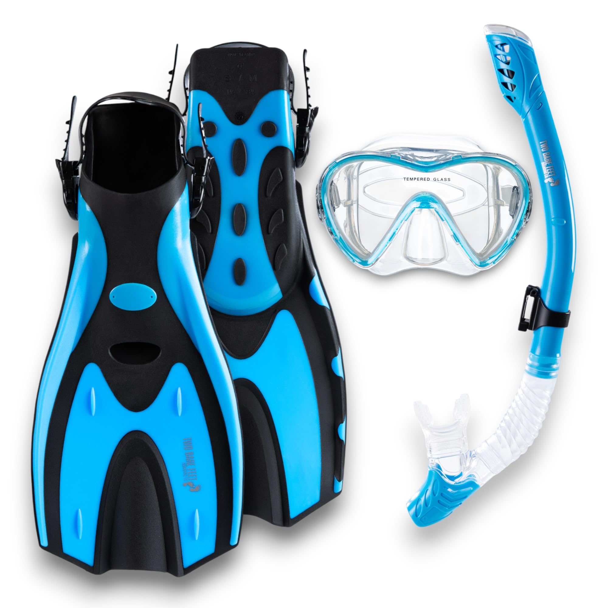 Two Bare Feet Adults 3 Piece Silicone Mask, Snorkel and Fins Diving Set, Anti Fog Anti Leak Snorkelling Set - Style 3 (Aqua, Pro Dive Snorkel, S/M UK4.5-8.5) โ image 1