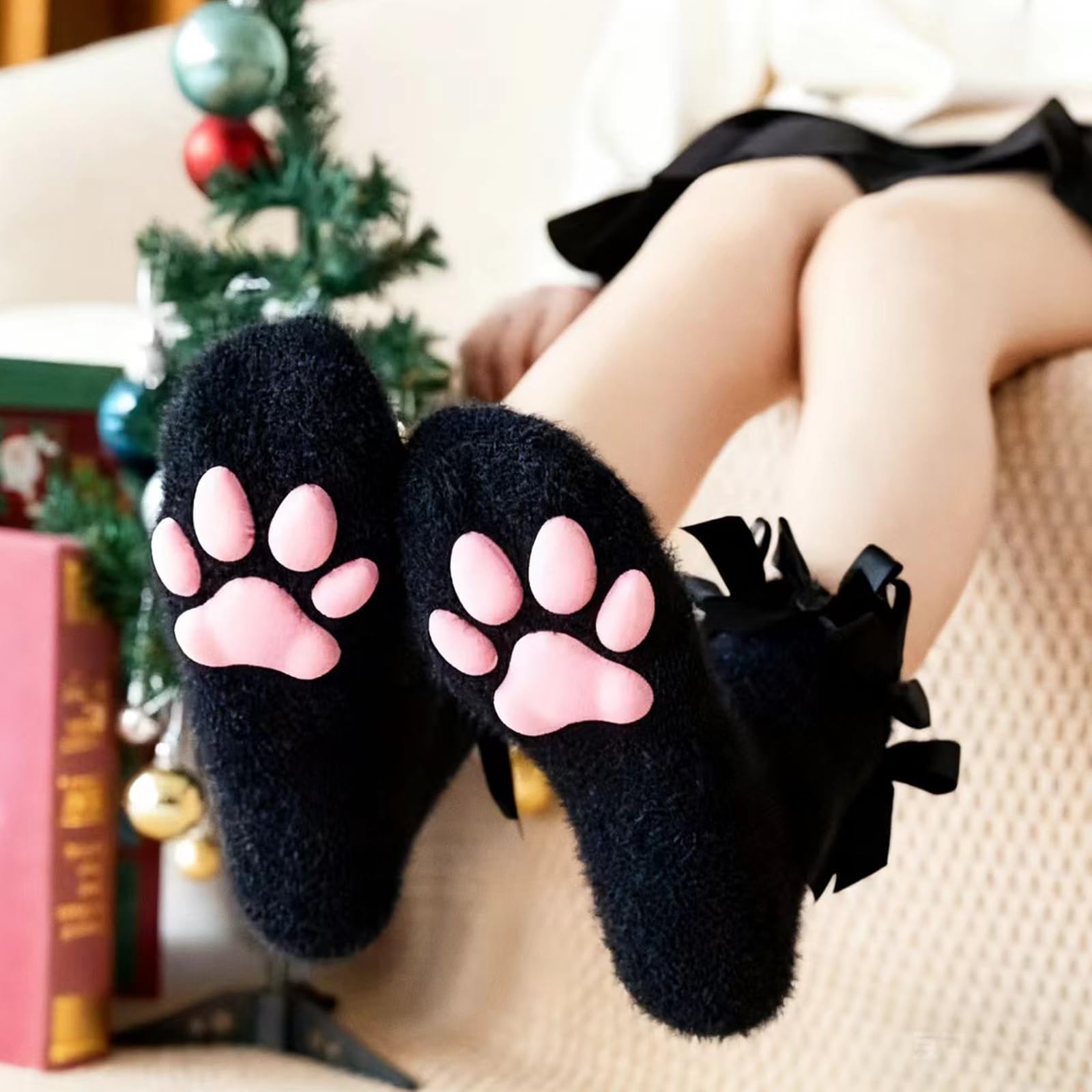 SIROLISA Fuzzy Short Cat Paw Socks, Soft 3D Paw Pad Toe Beans Stockings for Women: Black