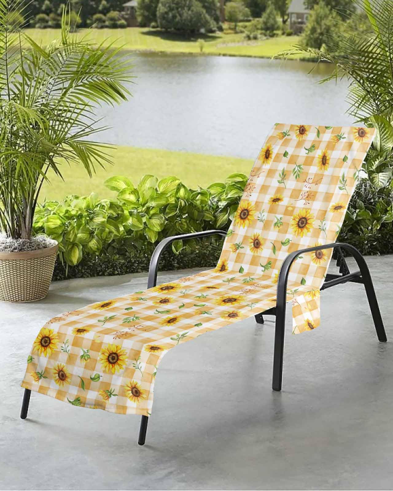 Sunflower Beach Chair Towel Covers for Chaise Lounge with Side Pocket, Soft Plush Pool Towels Cover for Patio Sunbathing Outdoor Orange Floral Spring Summer Leaf Buffalo Plaid 29''x85''