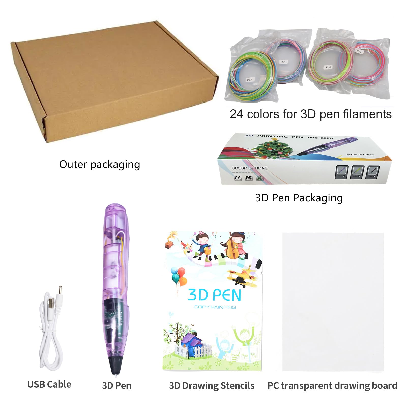 3D Stift für Kinder Set mit 24 Farben PLA-Kunststoff Filament,PLA-kompatibler 3D-Druckstift (Purple)