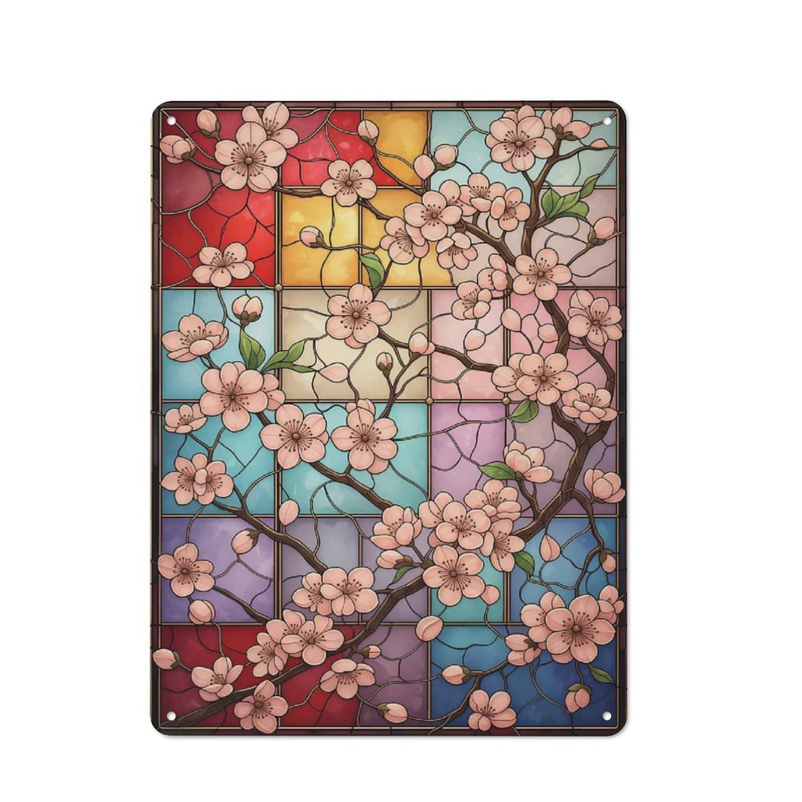 Junmoney Style-8 Stained Glass Light Cherry Blossom Workshop Style Metal Wall Decor 40X30cm, Garage Metal Sign For Workshop, Basement, Shed Or Games Room