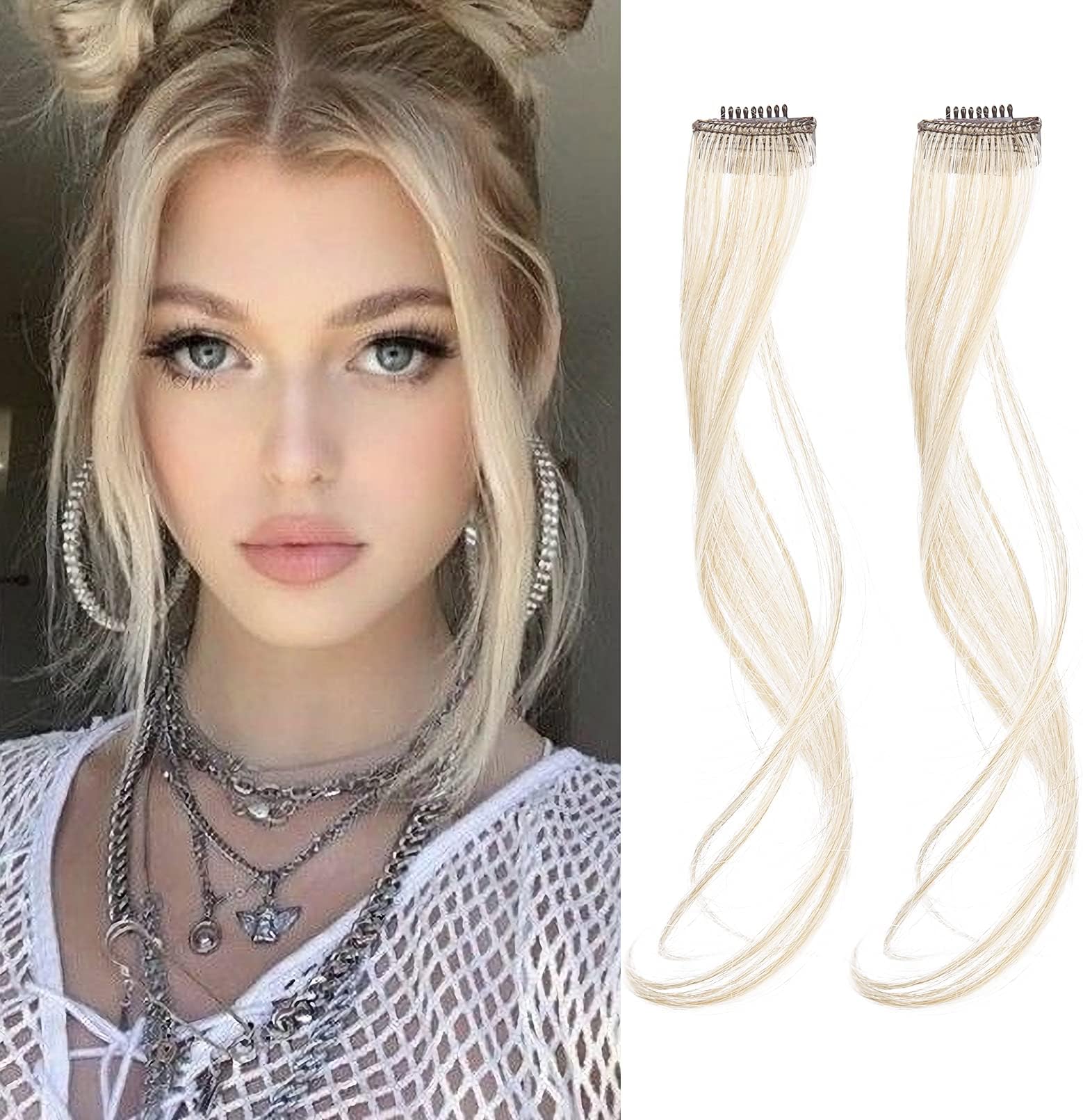 REECHO Long Side Air Bangs, Wavy Curly Clip in Bangs Front Side Bangs for Women Daily Use 2 PCS Set Long Temples-Cool Light Blonde