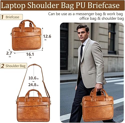 Miniatura 67 de Bolsa de mensajero para hombre de 17.3 pulgadas de lona/cuero para portátil, mochila para hombre, maletín para computadora, bolsa de hombro Marrón