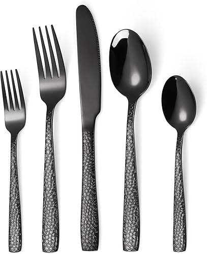 Miniatura 9 de Juego de cubiertos negros de calavera para 8, juego de cubiertos de 40 piezas con diseño de rosa pirata, esqueleto gótico, murciélago, cuchillo