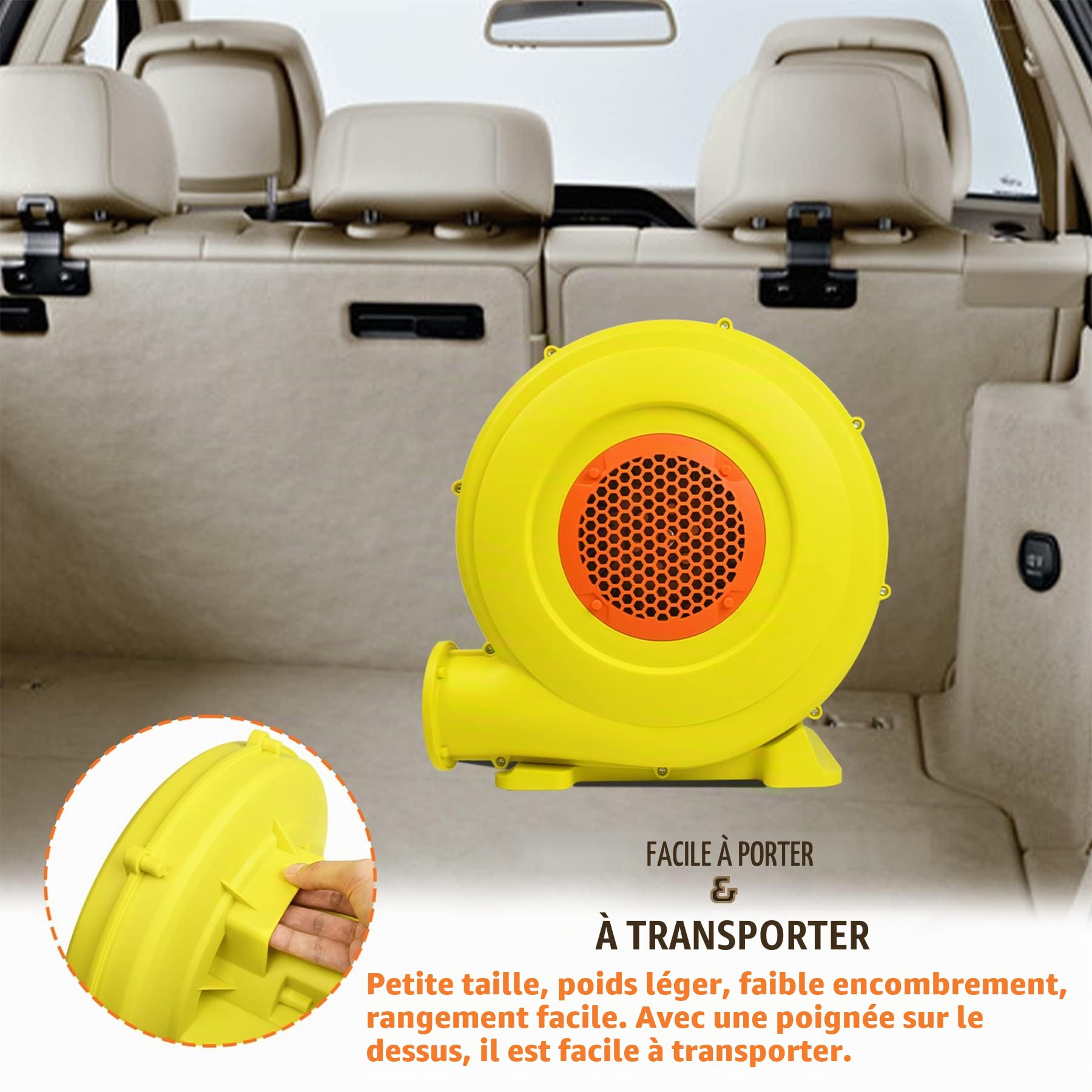Froadp Ventilateur d'air portable Pompe gonflable électrique 2100Pa Faible Bruit Souffleur jeu gonflable Jaune+Orange