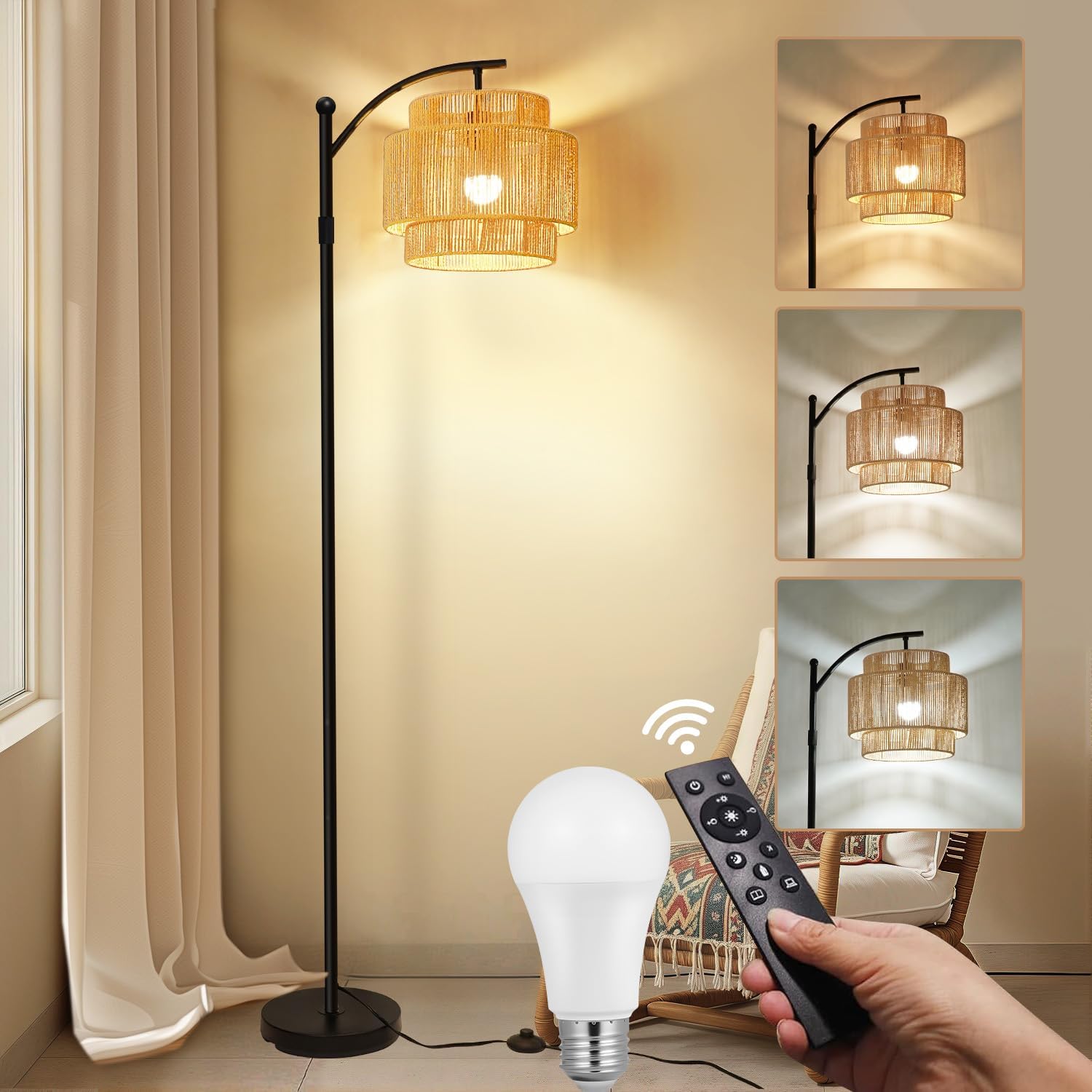 Boho Floor Lamp Rattan 3 Color Temperatures, Dimmable Adjustable Height Long Lasting, Arc Floor Lamps Boho with Remote Control, Standing Lamp with Foot Switch for Living Room, Bedroom