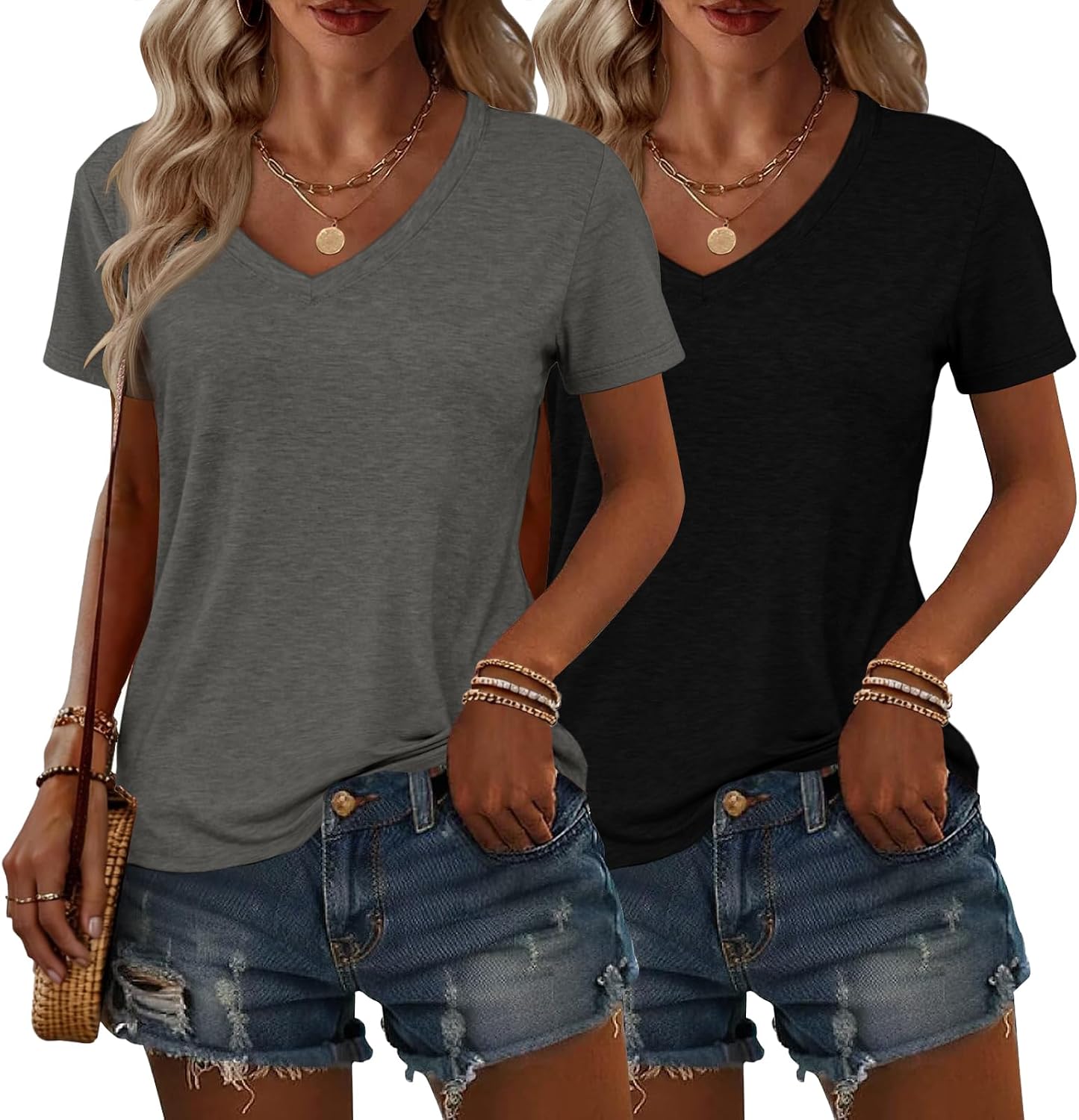 2 Pack Womens Summer Tops V Neck Short Sleeve T Shirts 2026 Basic Casual Tees Trending Clothes