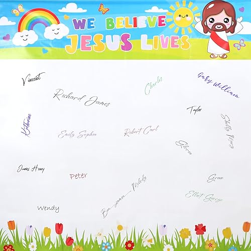 Outus Póster de autógrafo de Jesús vive para Pascua, 6 x 6 pies, póster religioso de Pascua con texto en inglés "We Believe Jesus Lives" para