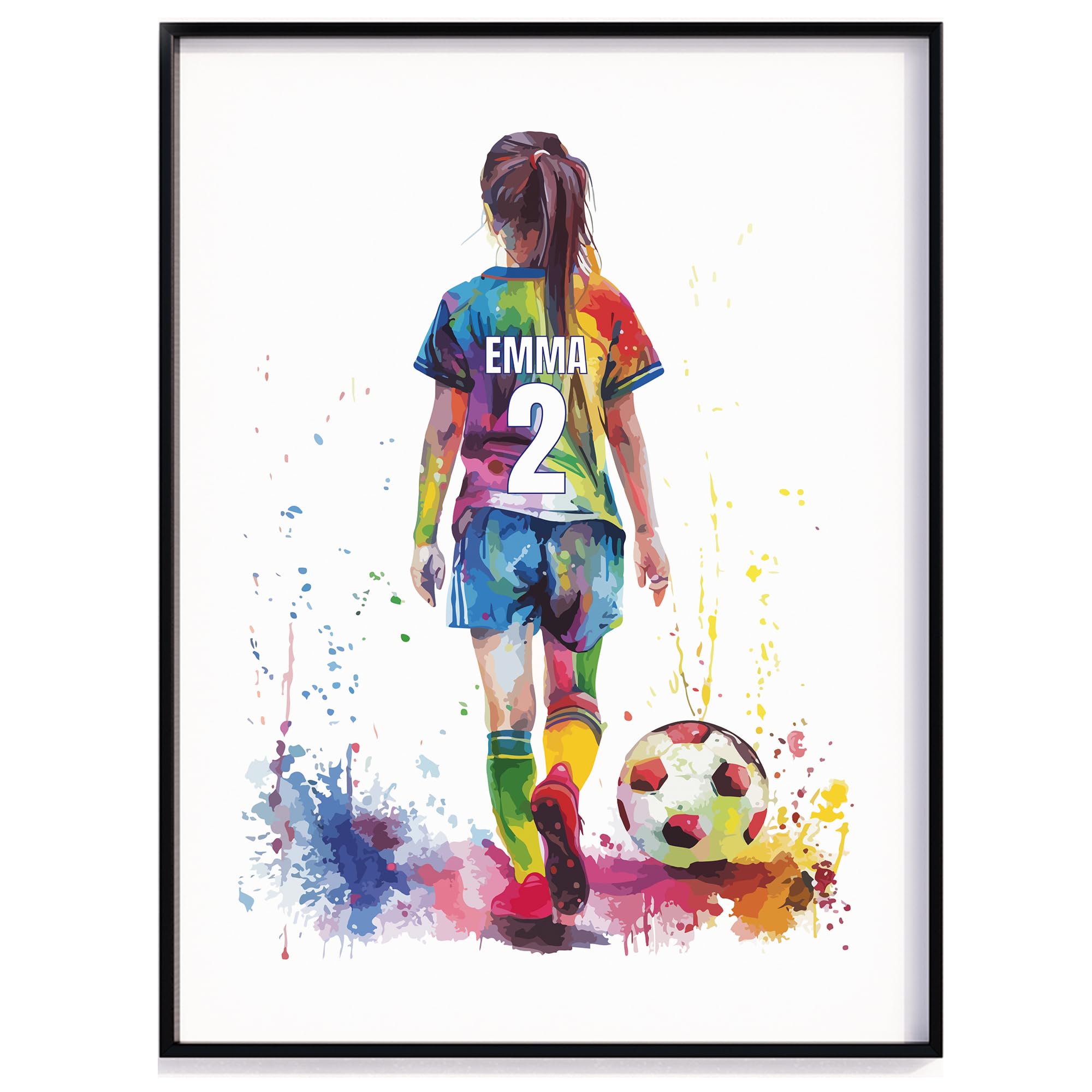 Personalised Football Wall Art Prints, Football Prints Girls Bedroom Decor, Kid Bedroom Football Decor, Football Shirt Name Print, Daughter Gift (A3 Size (No Frame), Brown Hair)