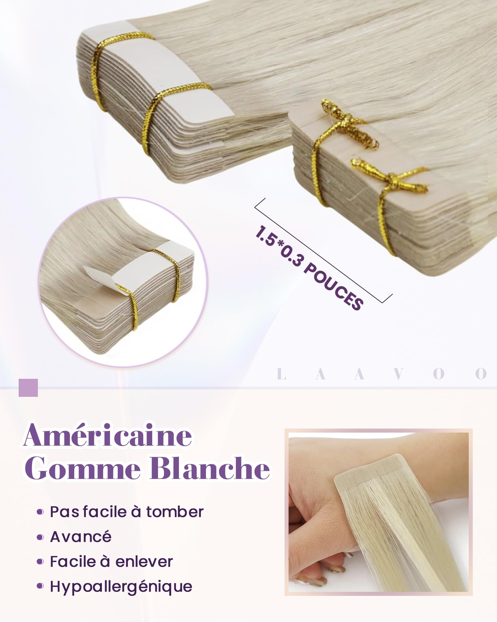 LaaVoo Blonde Tape Hair Extensions Real Human Hair Tape in Hair Extensions Human Hair Invisible Tapes Remy Straight White Blonde Hair Double Sided Tabs 20pcs 50g 16 Inch #60 - Image 3