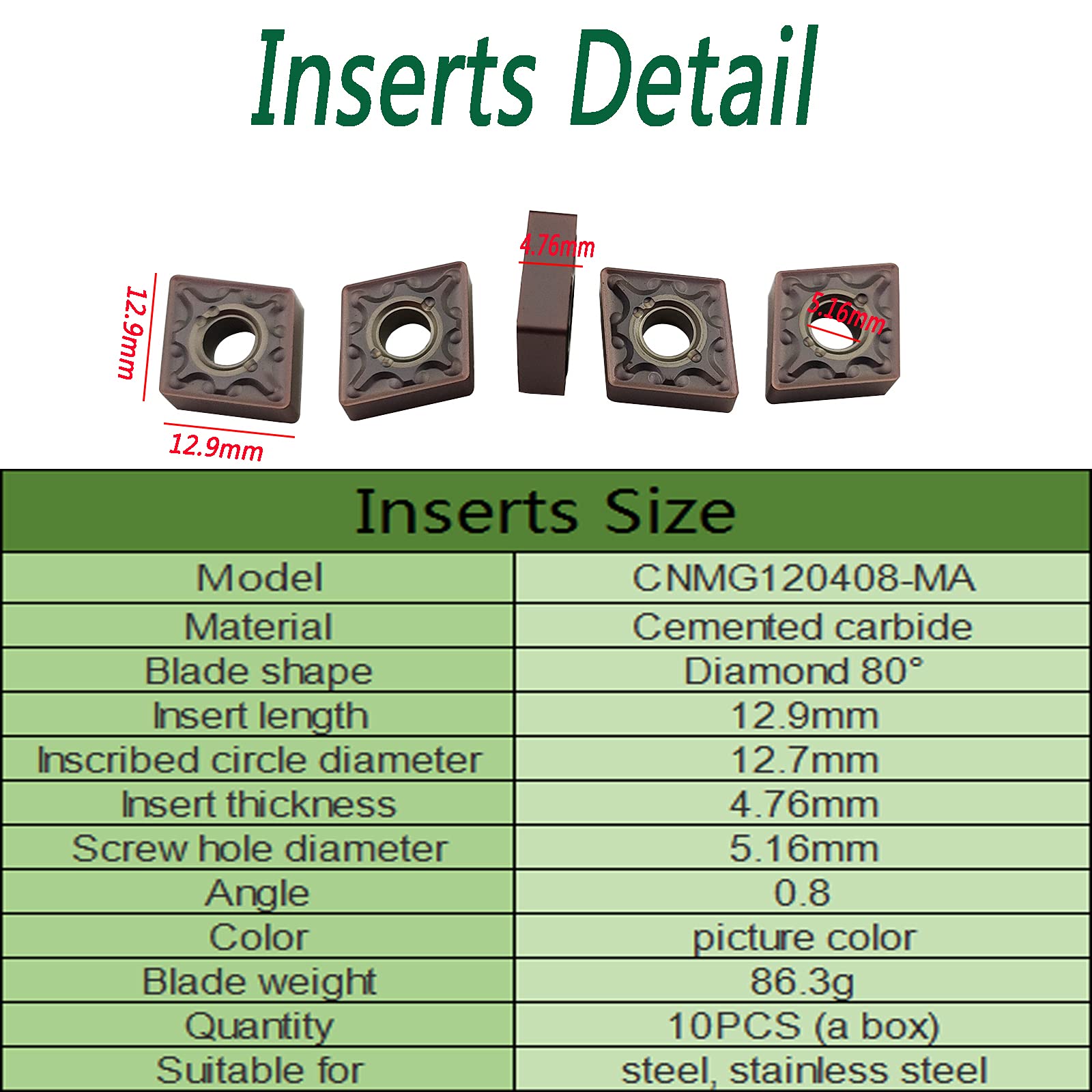 Soporte para herramientas de torneado MCSNL1616H12 con 10 insertos de carburo CNMG120408-MA