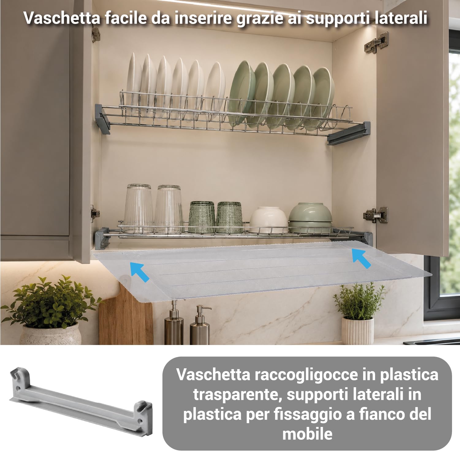 Crisalide® Scolapiatti per Pensile in Acciaio Cromato, Modelli 86 cm, Telaio in Alluminio Anodizzato, Vaschetta Raccogligocce Trasparente, Porta Piatti e Bicchieri per Cucina