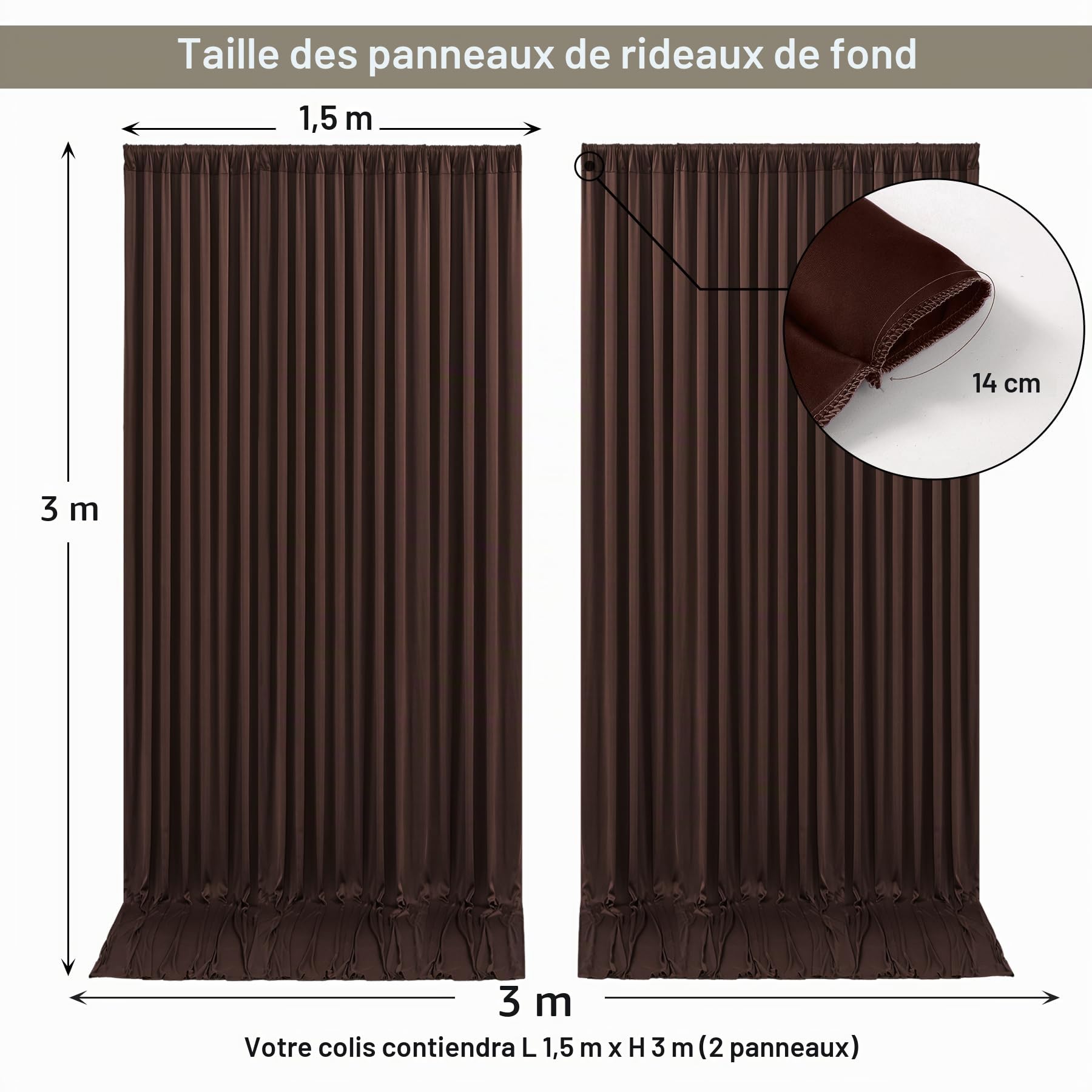 Lot de 2 Rideaux de Toile de Fond Marron pour fêtes de Mariage - 3 x 3 m - Tissu Infroissable - Décoration pour fête prénatale, Anniversaire, Photographie - 1,5 x 3 m