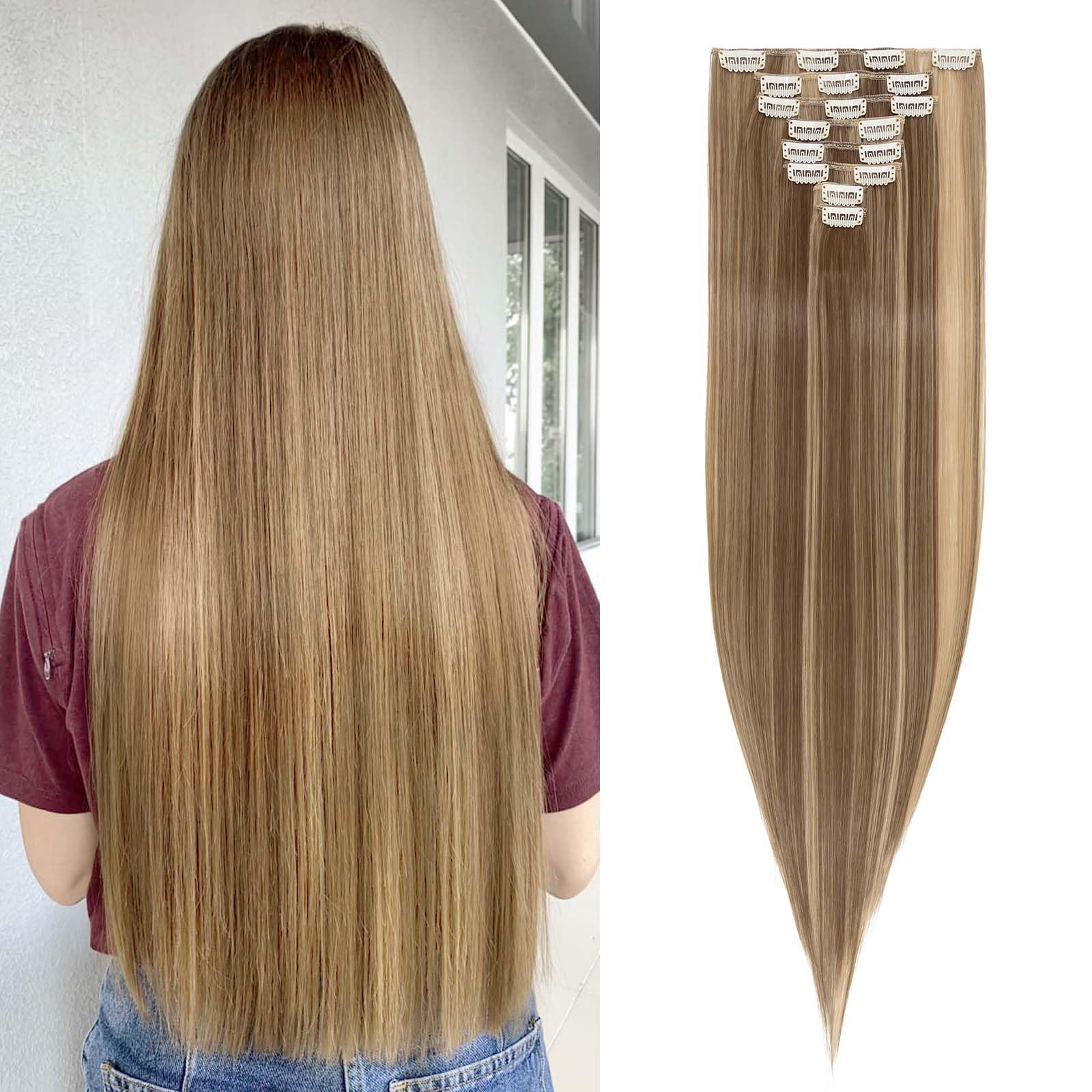 SEGOHAIR Hair Extensions Clip in 8Pcs 18 Clips Synthetic Fiber Seamless 26" Long Straight Full Head Golden Brown mix Dark Blonde