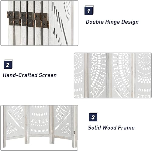 Miniatura 3 de ECOMEX Divisores de habitación de madera de 3 paneles totalmente montados de 5.6 pies tallados y pantallas plegables, pantalla divisora de madera