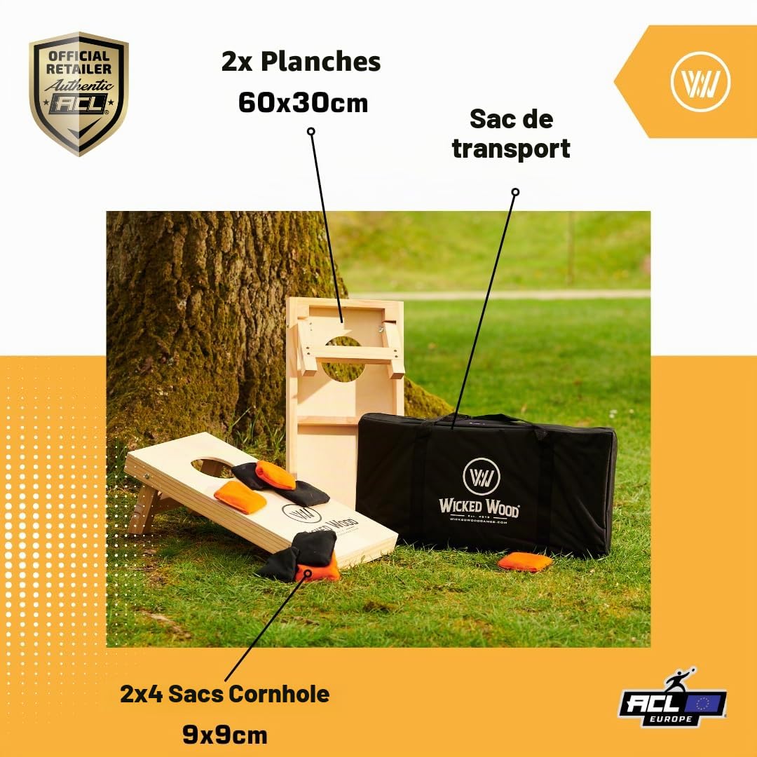 Cornhole Set Mini - Wicked Wood - 60x30cm - Comprend des Pochettes et Un étui de Transport