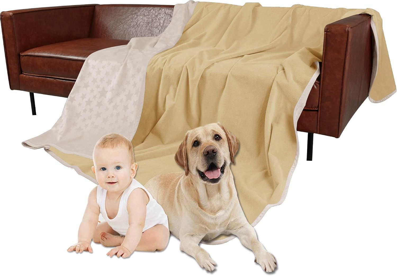 W-ZONE Waterproof Dog Bed Cover Pet Blanket for Furniture Bed Couch Sofa Reversible (4060, Star-Sand+Beige)