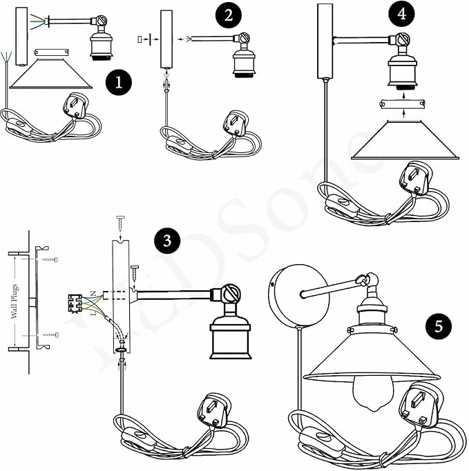 LEDSone Modern Vintage Retro Industrial Wall Sconce Light Plug in Wall Lamp Yellow Brass Arm Dimmer Switch Lamp Shade E27 UK photo 3
