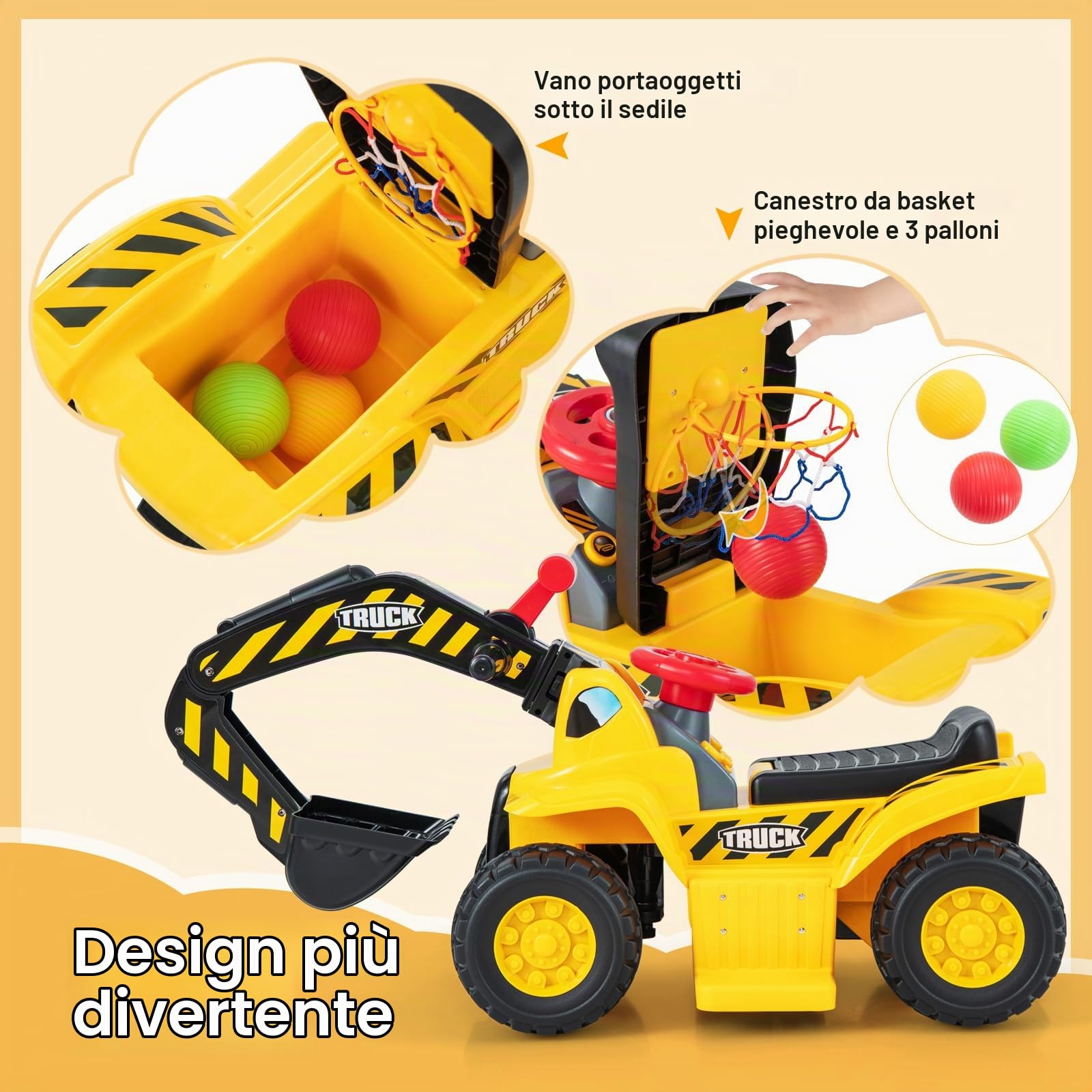 RELAX4LIFE Escavatore Elettrico per Bambini, con Benna Regolabile, Vano Nascosto, Suoni, Effetti Sonorie Canestro Nascosto e 3 Basket, per Bambini, Portata di 25KG, 2 Anni+ (MODELLO 2)