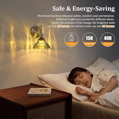 Miniatura 5 de Aplique de pared que funciona con pilas, lámparas de pared vintage recargables con pantalla de vidrio de lirio verde, lámpara de pared inalámbrica