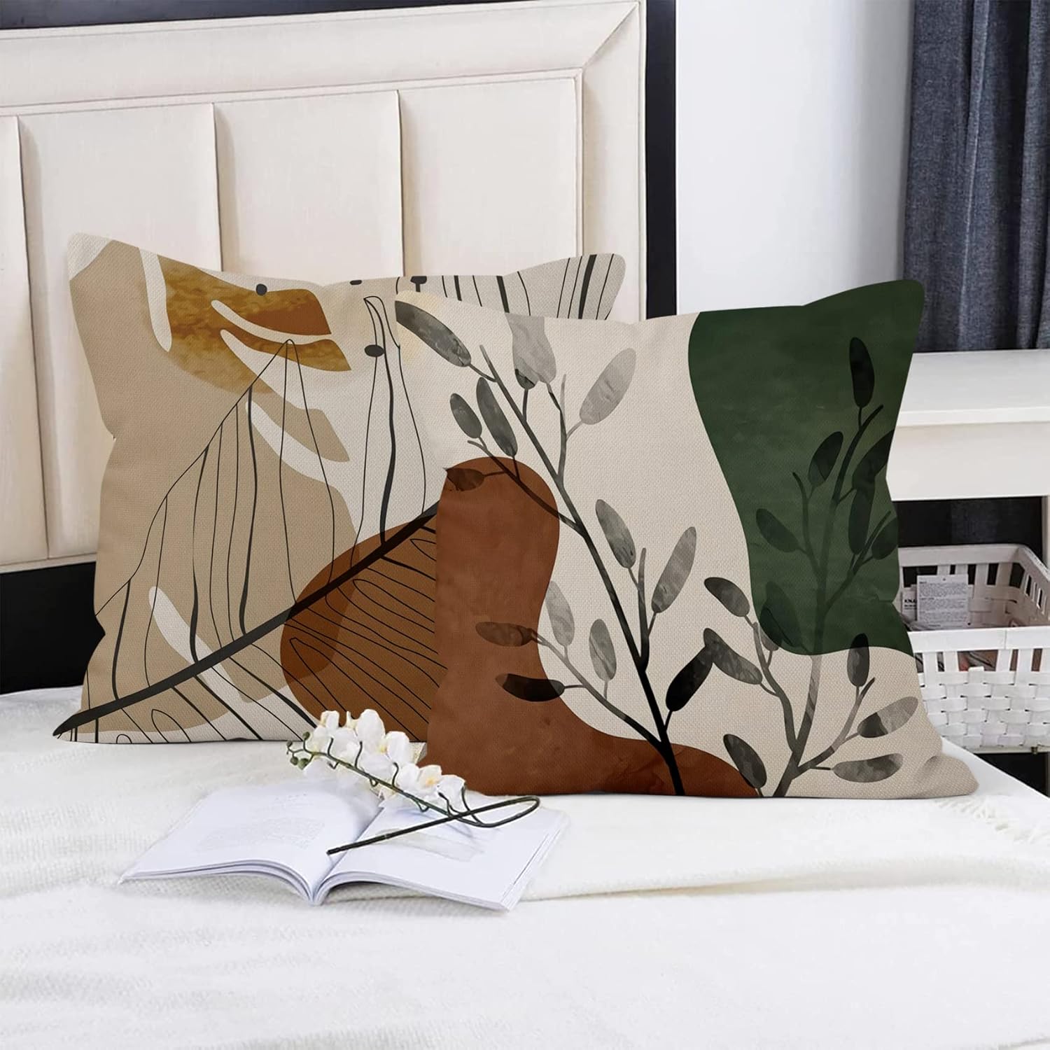 Yeele 18x18inches Nature Geometry Throw Pillow Covers Green Leaves Decorative Pillow Case Set of 4 Soft Linen Square Cushion Cases for Home Deco Courtyard Outdoor Sofa Couch Bed Cushion Covers