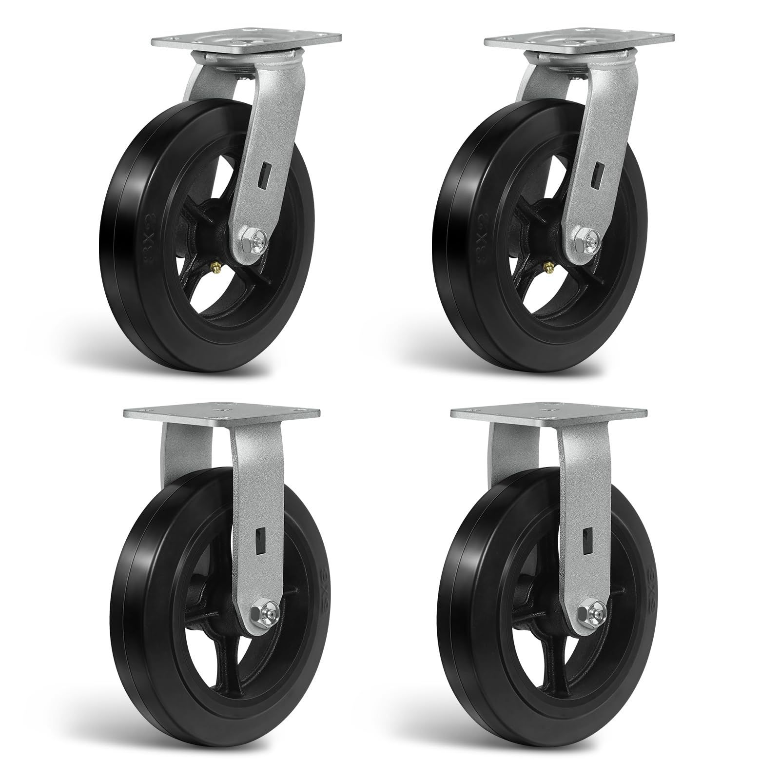 NINOSO Casters, 8" Heavy Duty Industrial Casters Set of 4 with Load 4400lbs Capacity, No Noise Rubber Wheel on Cast Iron (2 Swivel & 2 Rigid)