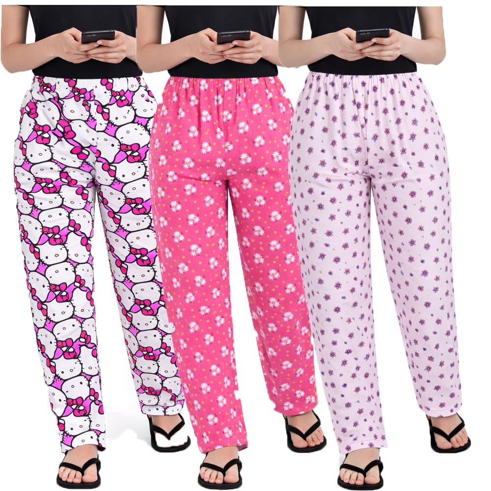 Women's Cotton Printed Pyjamas/Lounge Wear Pants For Women 3Pack (Prints May Vary)-picture-13