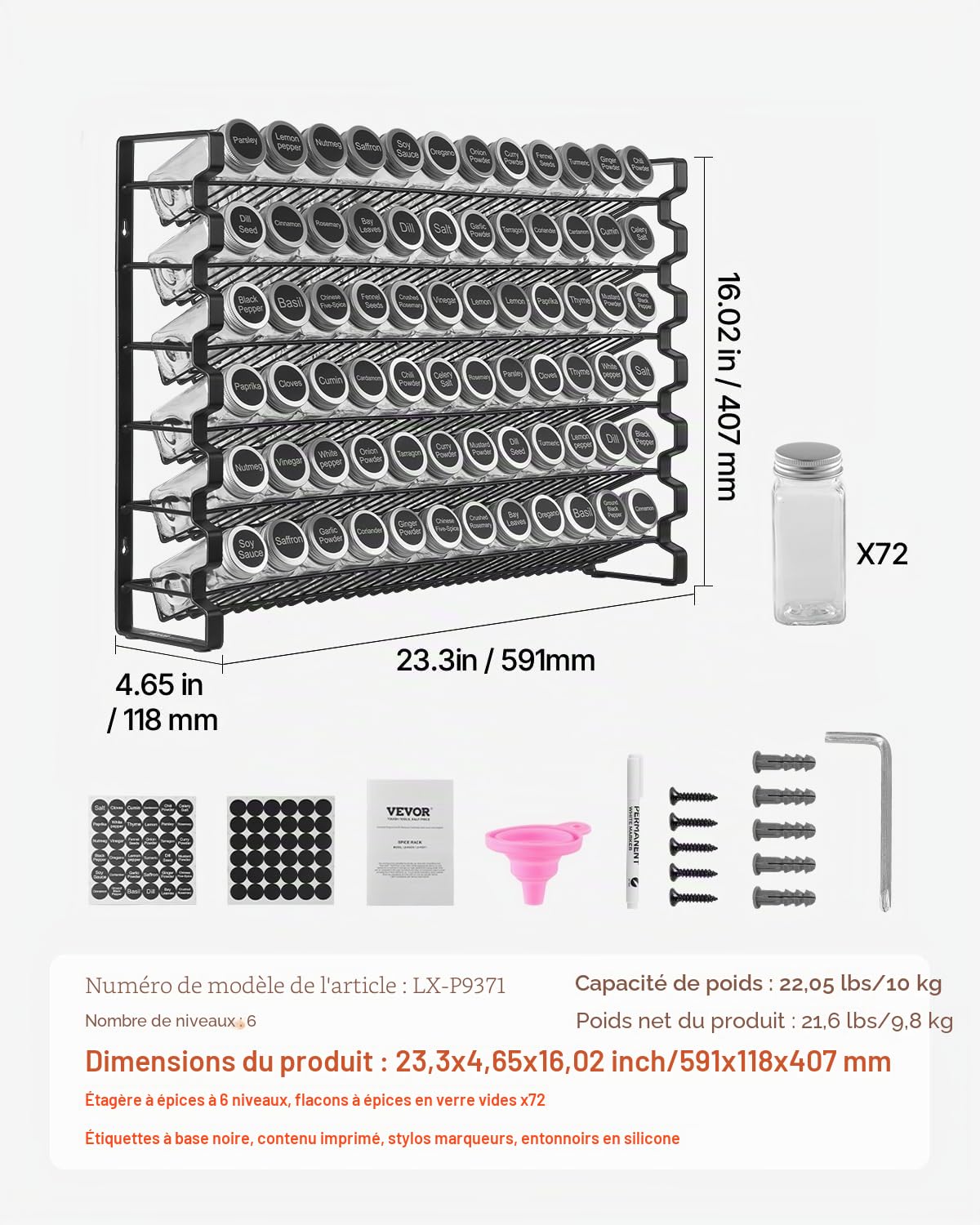 VEVOR Étagère à épices pour armoire, avec 72 pots à épices vides, couvercles, étiquettes et entonnoir, ensemble complet, organiseur d'assaisonnement pour comptoir, cuisine, garde-manger, placard, noir