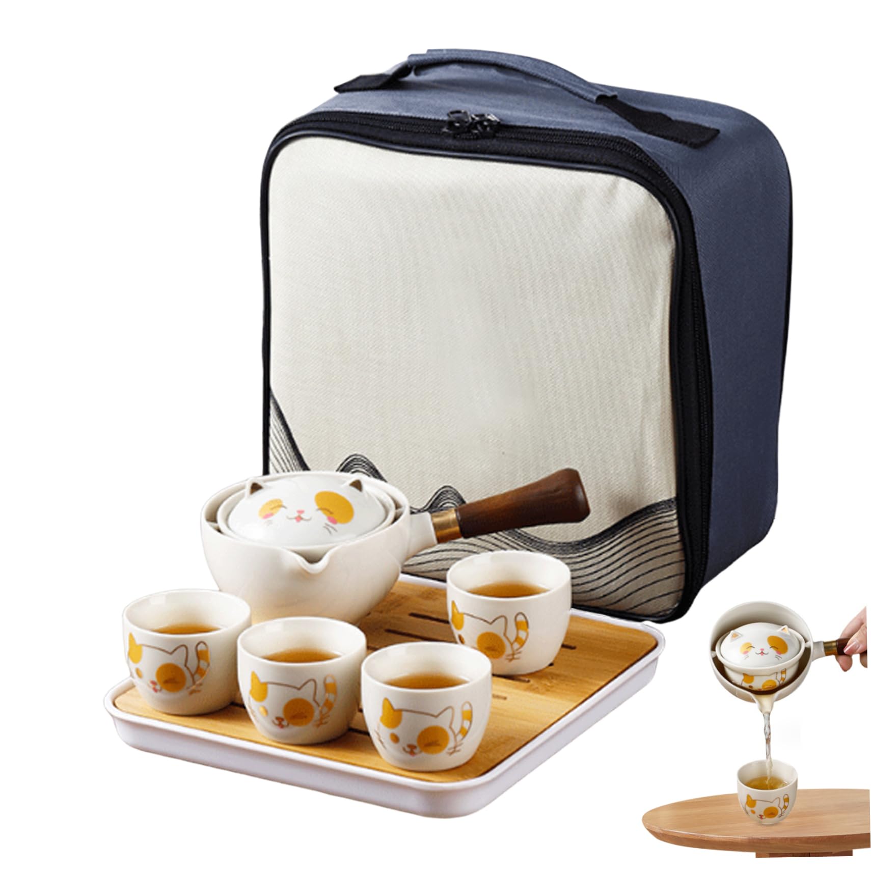 Service à thé de voyage chat en céramique pour savourer votre infusion au bureau ou en pique-nique