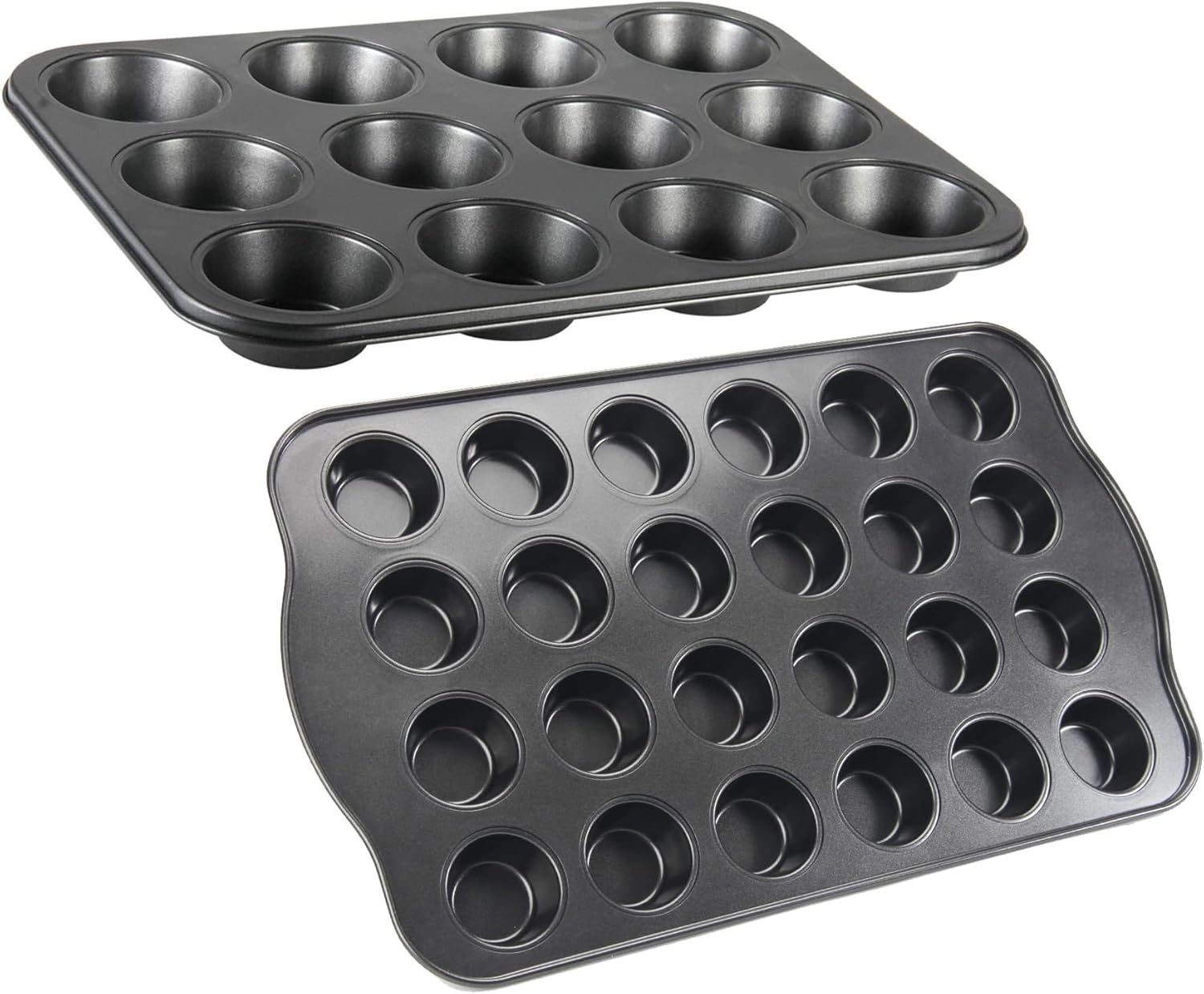 Muffin Pan Bundle - 12 & 24 Cup, 4-Pack Nonstick Carbon Steel Mini Cupcake Pans, PTFE-Free, Dishwasher Safe, Grey