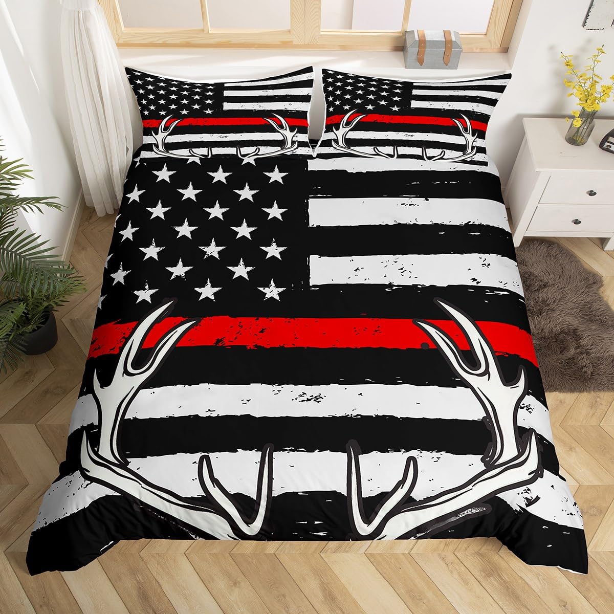 Castle Fairy American Flag Duvet Cover Set Full Size, Deer Antlers and Stripes Pattern Print Bedding Set, Fashion Xmas Gift Comforter Cover for Boys Girls Bedroom Decoration, Multicolor