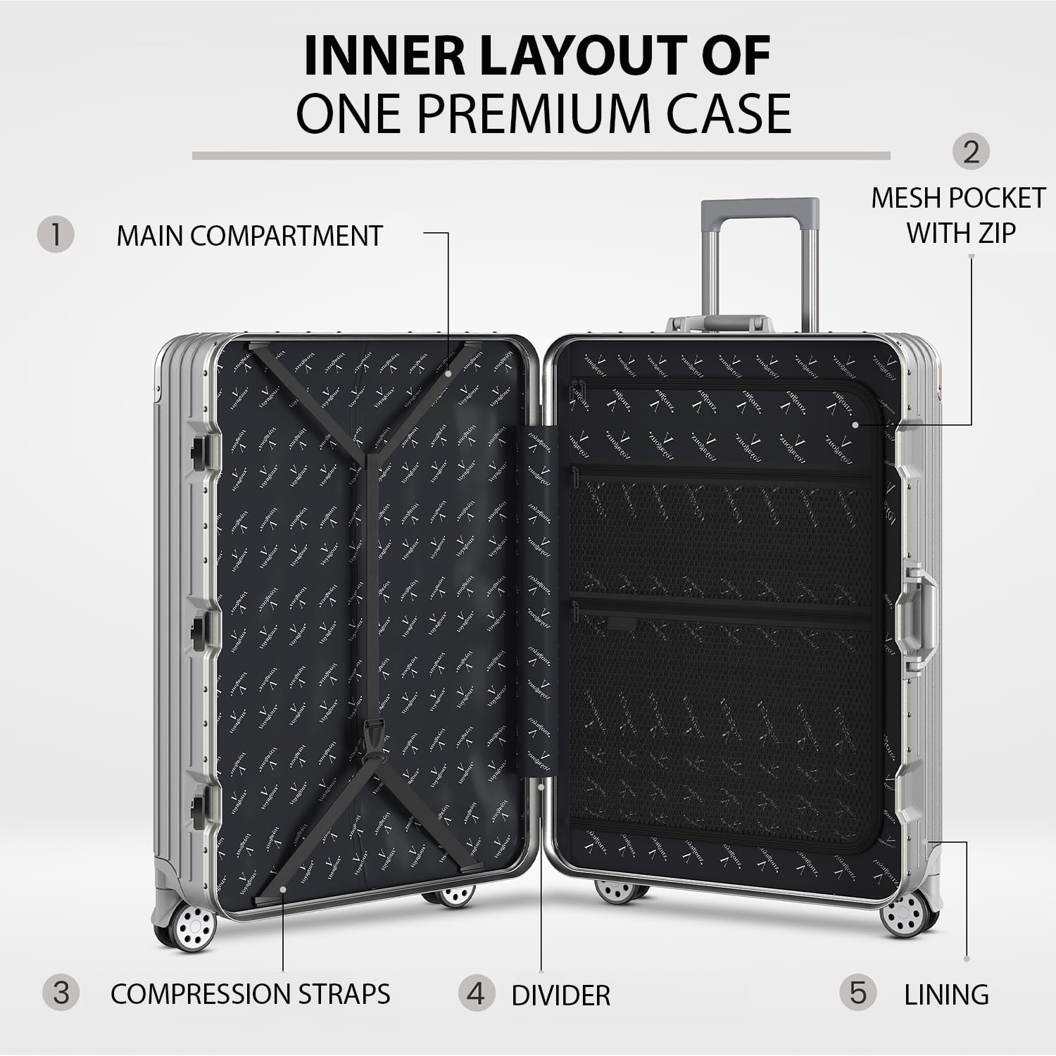 Voyagoux Walizka Kabinowa – 42L, 54x38,5x24 cm, Mała Walizka, Zamek TSA, Aluminiowa Walizka Podróżna na Kółkach, 4x Kółka Air Wheel, Wytrzymała i Lekka, Srebrna