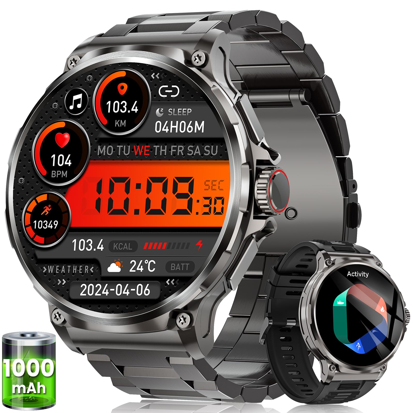 Reloj Inteligente Hombre con 1000mAh BaterÃa, 1.92" AMOLED, 5ATM Impermeable Smartwatch Militar con Llamadas, 120+ Modos Deportivos, 24/7 Pulsómetro/Sueño/Podómetro Pulsera Actividad Android iOS Negro