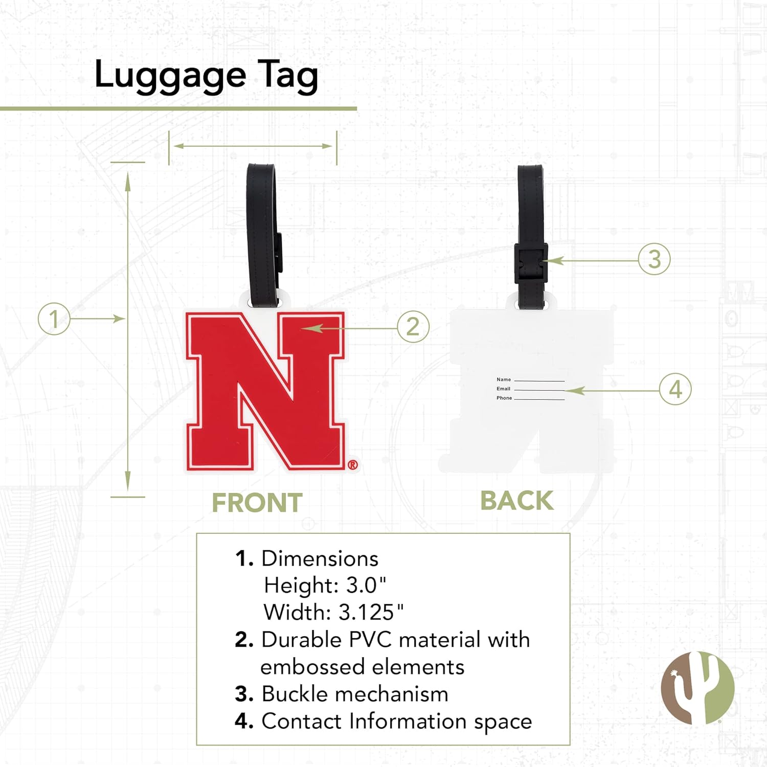 Desert Cactus University of Nebraska Luggage Tag – Official UNL Cornhuskers Travel ID Tag for Suitcases, Bags, and Carry-Ons (PVC - Design A) - Image 2