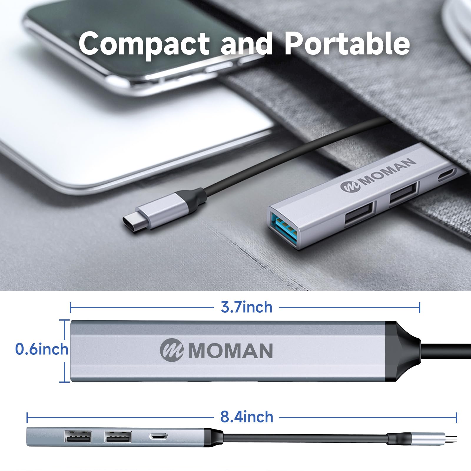 Moman Hub C, 4-Portowy Rozdzielacz z 1 Portem USB 3.0, 2 Portami 2.0, 1 Portem C, Adapter Wieloportowy 5 Gbps do Myszy, Klawiatury, Dysku U, Dysku Flash, Mobilnego
