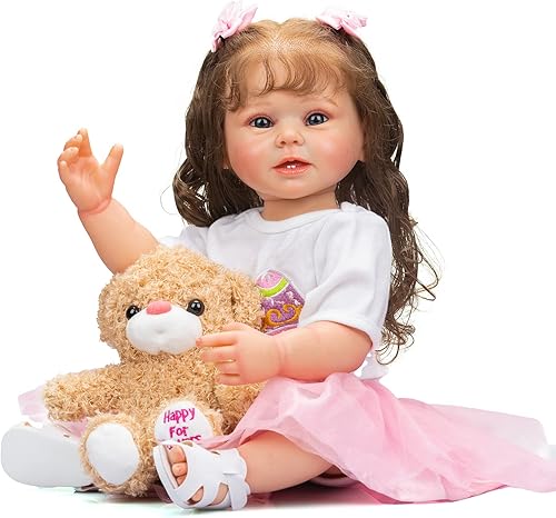 Miniatura 3 de Muñecas Reborn de silicona de cuerpo completo para niña de 22 pulgadas, muñecas realistas con pelo largo y vestido rosa teca para cumpleaños de niños