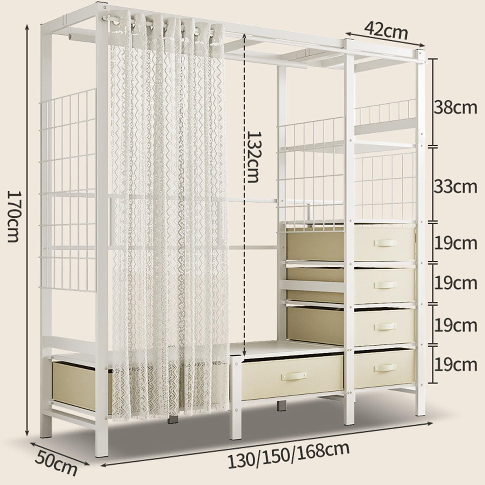 Generico Armadio Guardaroba Resistente con Tenda, spazioso Appendiabiti per Camera da Letto, 4 Ripiani Aperti e 6 cassetti, Bianco, 168x50x170 cm - Soluzione di archiviazione Durevole