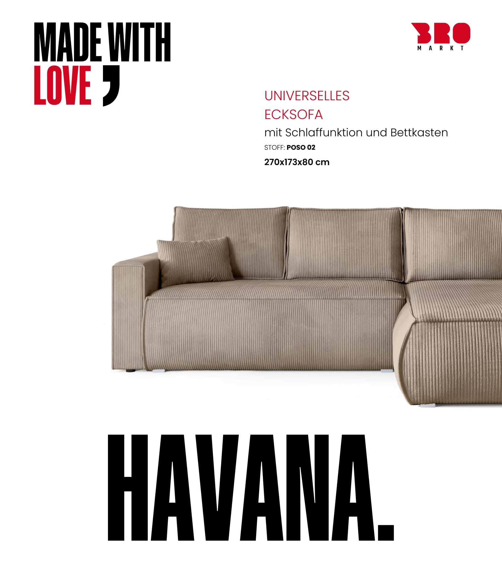 BROMARKT Ecksofa mit Schlaffunktion Couch L Form 270x173x80 cm Beige | Sofa mit Bettkasten Wohnlandschaft Schlafsofa freistehend HAVANA Schlafcouch mit Stauraum Cord 3 sitzer Sofabed Eckcouch