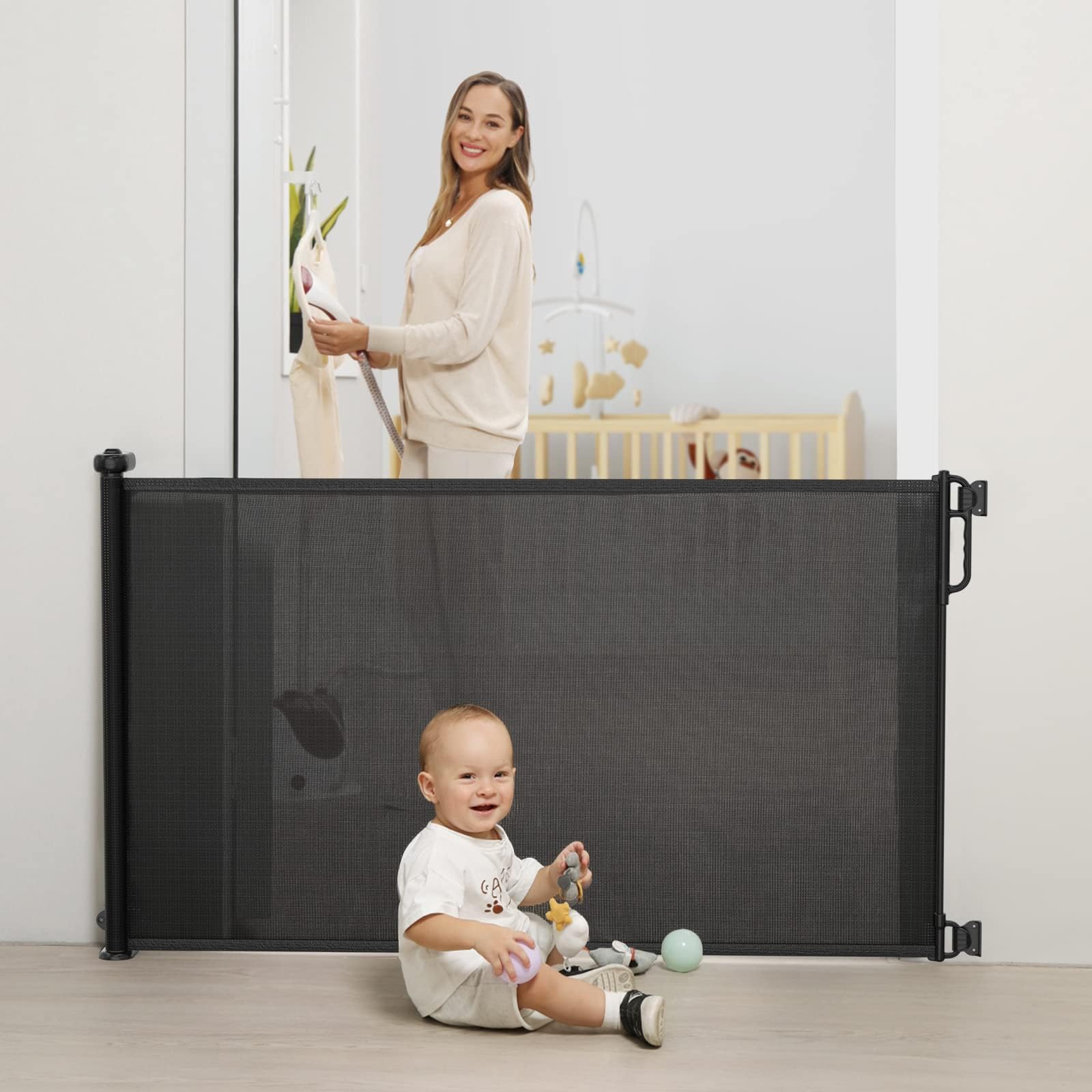 Momcozy Puerta de Escalera Retráctil para Bebé, 33" de Alto, Extiende hasta 55" de Ancho,Diseño Retráctil hacia Arriba y hacia Abajo Puerta de Malla para Perros para Interior/Exterior