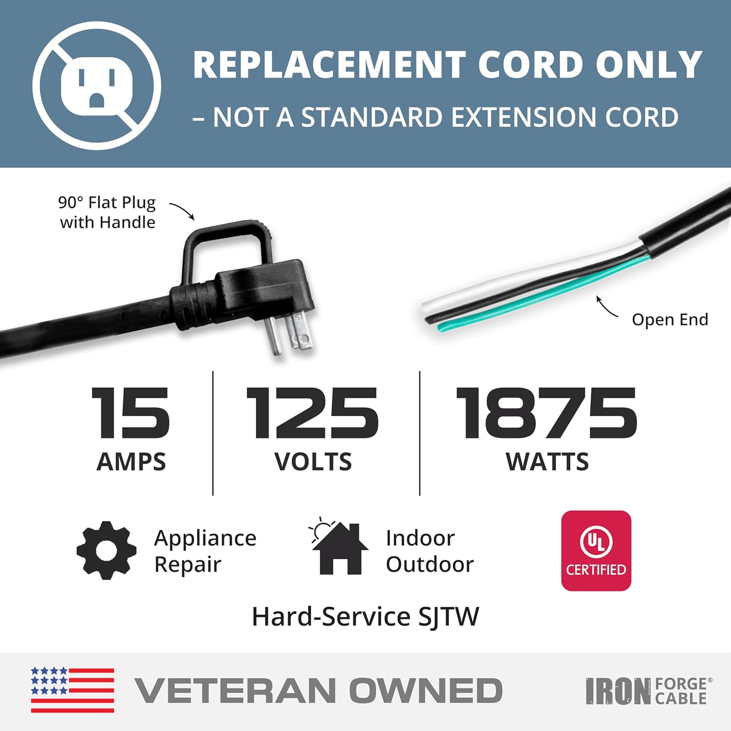 Iron Forge Cable Flat Plug 10 Gauge Power Cord Replacement - 10ft,15 Amp Black Heavy Duty, 10/3 SJT 3 Prong Cable for Appliances & Power Tools