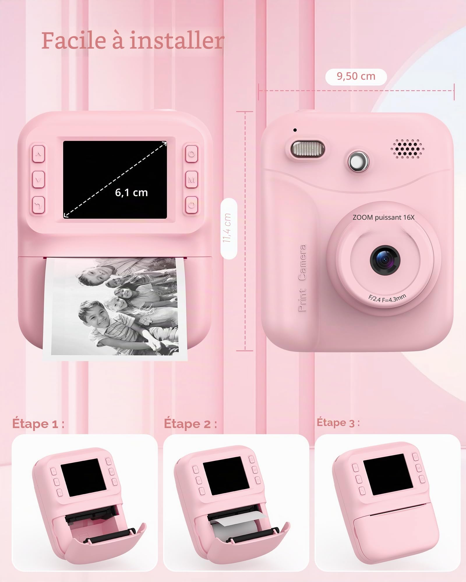 Appareil Photo Instantané Enfants, 48MP 1080P HD Appareil Photo Numérique Enfant avec Carte 32GB et 3 Rouleaux de Papier d'impression, Cadeau pour Enfants pour Filles, Garçons 10 Ans (Rose)