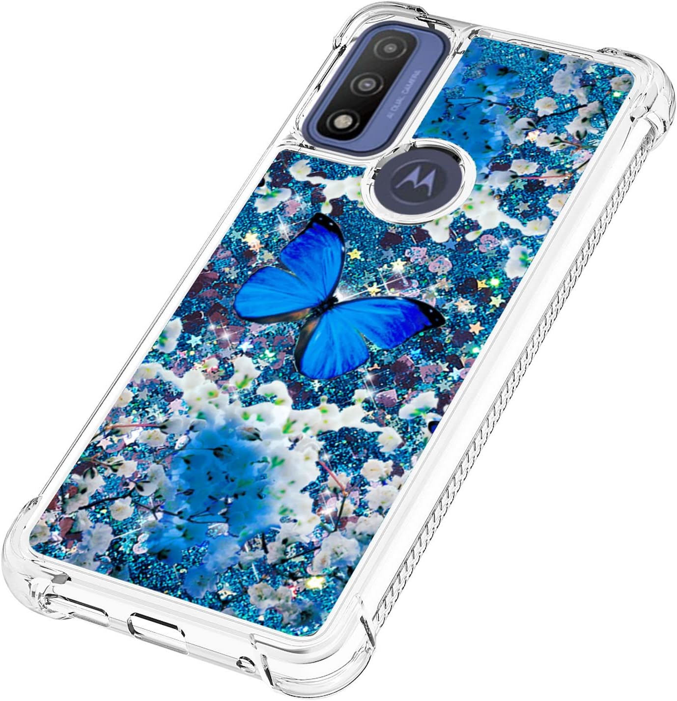 CAIYUNL for Moto G Pure Case with Glass Screen Protector,Moto G Power 2022 Case Glitter Bling Floating Liquid Cute Women Girls Soft TPU Phone Case Cover for Motorola G Pure/G Power 2022-Blue Butterfly