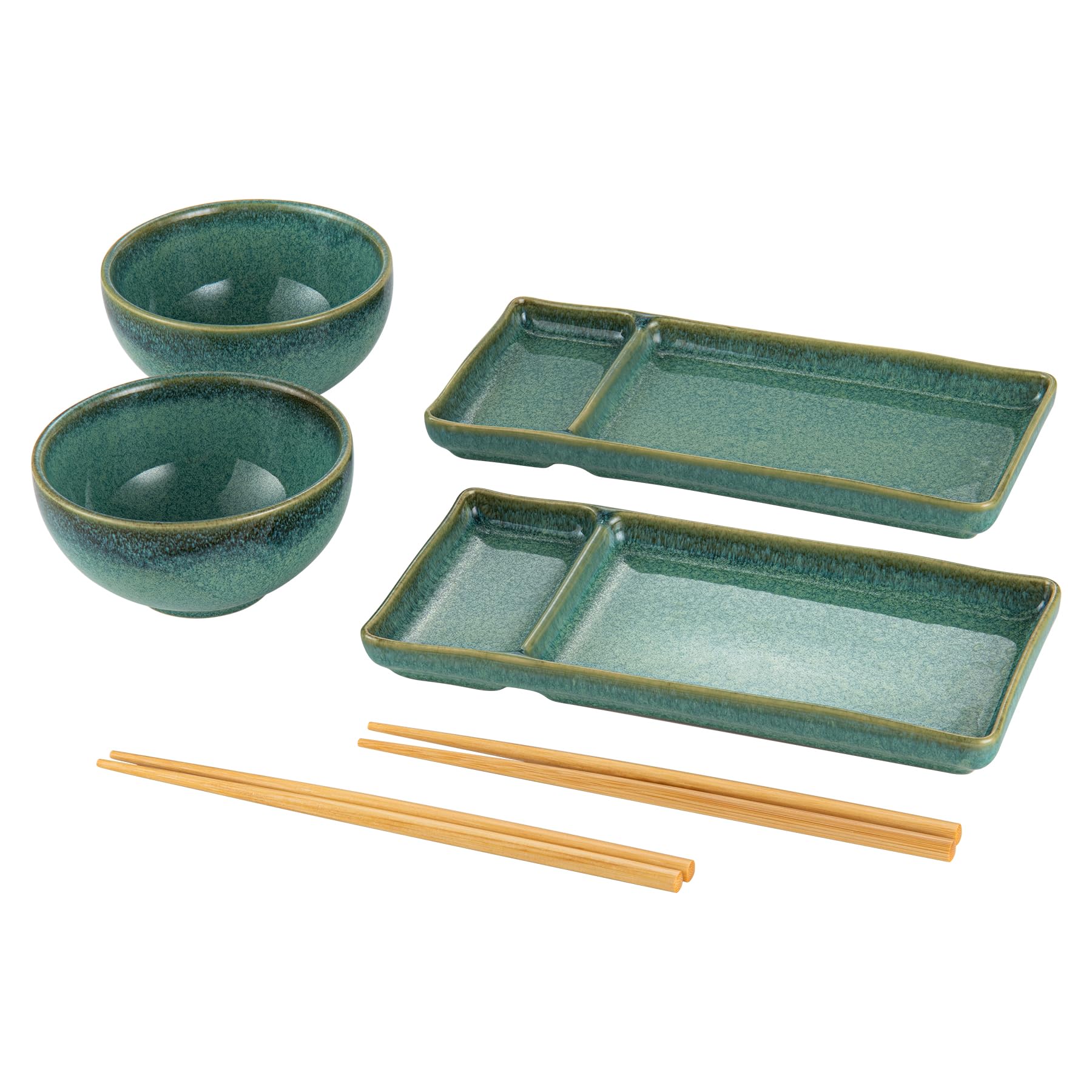 HENXFEN LEAD Japanese Sushi Tableware Set, 6-Piece, Large Sushi Set for Miso Soup and Maki Sushi Rice, Including 2 Sushi Plates, Bowls, a Pair of Chopsticks, Shiny Green