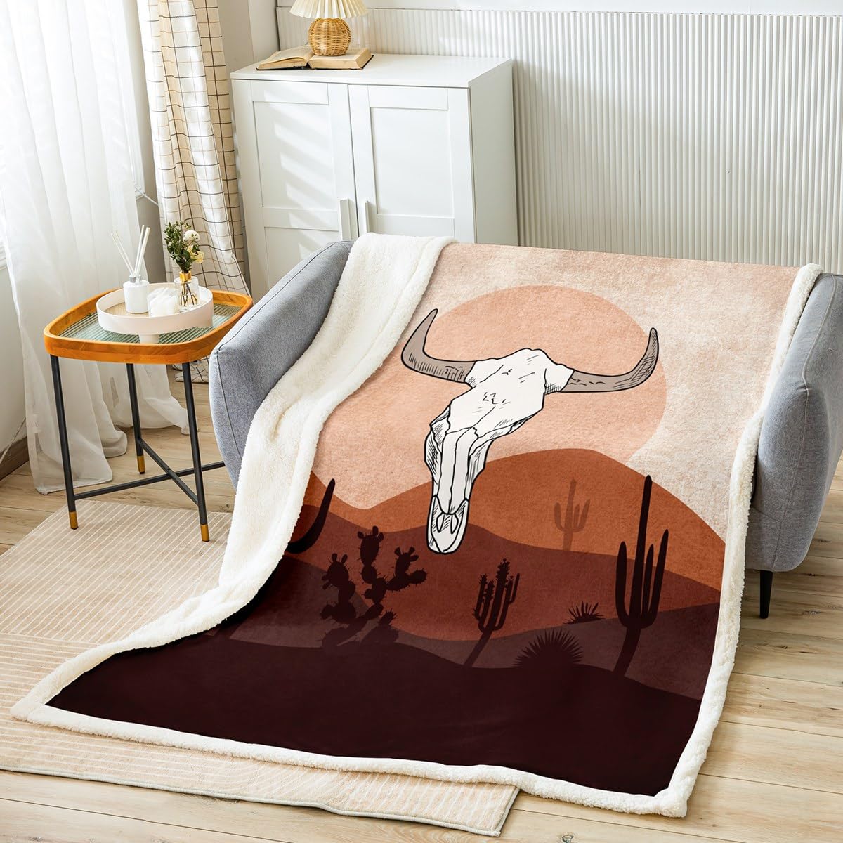 Western Cowboy Throws Blanket,Boho Bull Skull Tribal Bohemian Sherpa Blanket for Girls Teens, Rustic Mountain Cactus Moon Print Microfiber Fleece