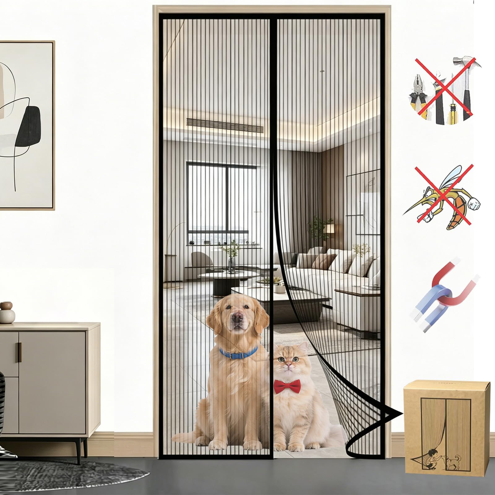 Moustiquaire porte magnétique noire 120x220 cm pour patio et couloir